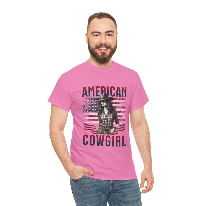 American Cowgirl Unisex Heavy Cotton Tee - Vintage Style USA Flag Graphic Shirt - Heliconia - S - American Cowgirl Unisex Heavy Cotton Tee - Vintage Style USA Flag Graphic Shirt - Tatoo Tee