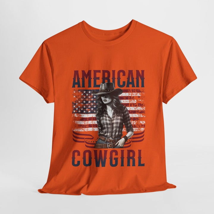 American Cowgirl Unisex Heavy Cotton Tee - Vintage Style USA Flag Graphic Shirt - Heliconia - S - American Cowgirl Unisex Heavy Cotton Tee - Vintage Style USA Flag Graphic Shirt - Tatoo Tee