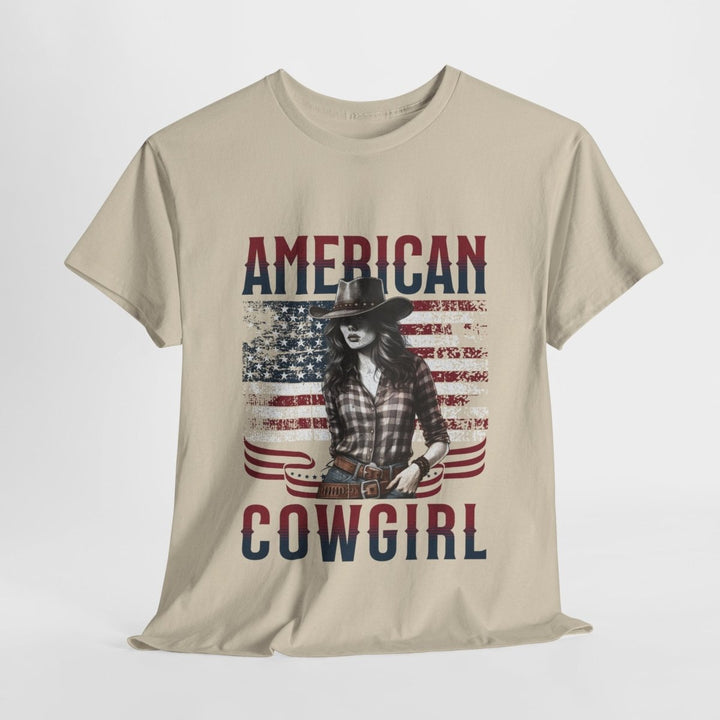 American Cowgirl Unisex Heavy Cotton Tee - Vintage Style USA Flag Graphic Shirt - Heliconia - S - American Cowgirl Unisex Heavy Cotton Tee - Vintage Style USA Flag Graphic Shirt - Tatoo Tee