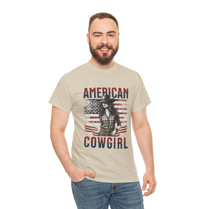 American Cowgirl Unisex Heavy Cotton Tee - Vintage Style USA Flag Graphic Shirt - Heliconia - S - American Cowgirl Unisex Heavy Cotton Tee - Vintage Style USA Flag Graphic Shirt - Tatoo Tee