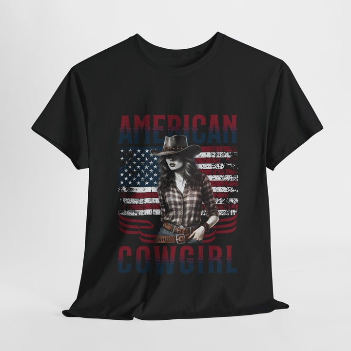 American Cowgirl Unisex Heavy Cotton Tee - Vintage Style USA Flag Graphic Shirt - Heliconia - S - American Cowgirl Unisex Heavy Cotton Tee - Vintage Style USA Flag Graphic Shirt - Tatoo Tee