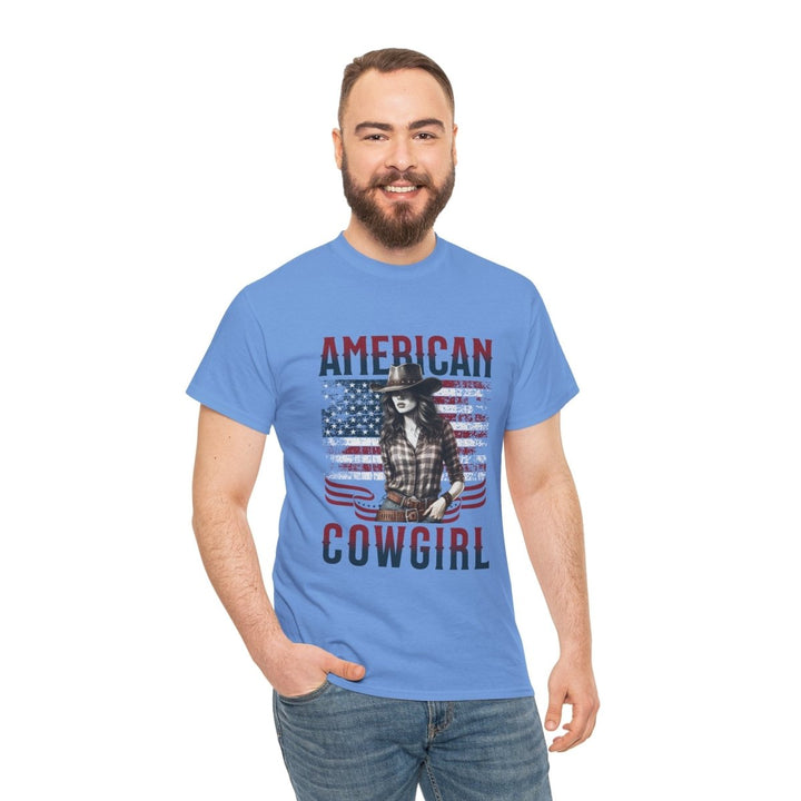 American Cowgirl Unisex Heavy Cotton Tee - Vintage Style USA Flag Graphic Shirt - Heliconia - S - American Cowgirl Unisex Heavy Cotton Tee - Vintage Style USA Flag Graphic Shirt - Tatoo Tee