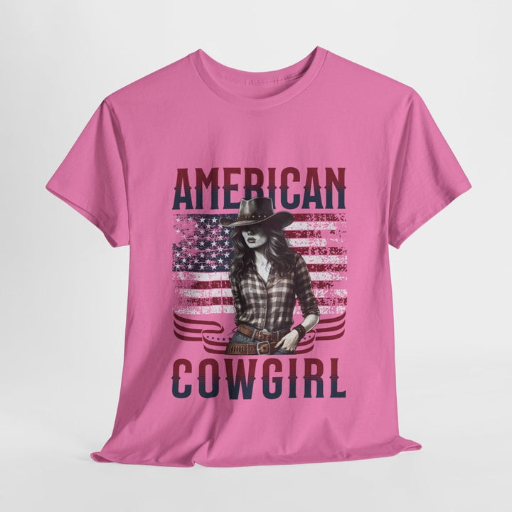 American Cowgirl Unisex Heavy Cotton Tee - Vintage Style USA Flag Graphic Shirt - Heliconia - S - American Cowgirl Unisex Heavy Cotton Tee - Vintage Style USA Flag Graphic Shirt - Tatoo Tee
