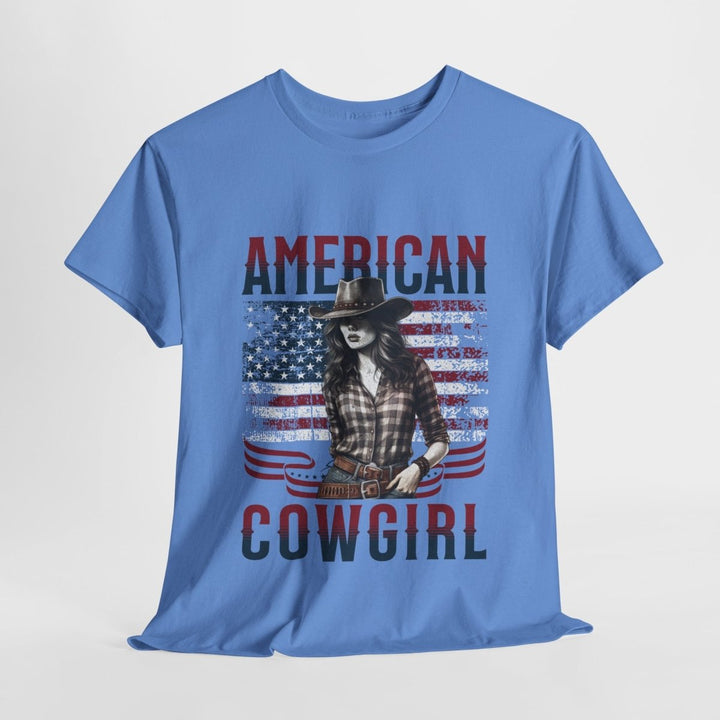 American Cowgirl Unisex Heavy Cotton Tee - Vintage Style USA Flag Graphic Shirt - Heliconia - S - American Cowgirl Unisex Heavy Cotton Tee - Vintage Style USA Flag Graphic Shirt - Tatoo Tee