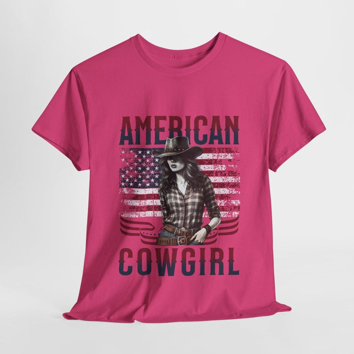 American Cowgirl Unisex Heavy Cotton Tee - Vintage Style USA Flag Graphic Shirt - Heliconia - S - American Cowgirl Unisex Heavy Cotton Tee - Vintage Style USA Flag Graphic Shirt - Tatoo Tee
