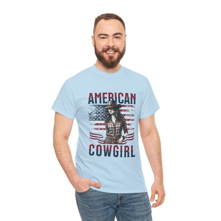 American Cowgirl Unisex Heavy Cotton Tee - Vintage Style USA Flag Graphic Shirt - Heliconia - S - American Cowgirl Unisex Heavy Cotton Tee - Vintage Style USA Flag Graphic Shirt - Tatoo Tee