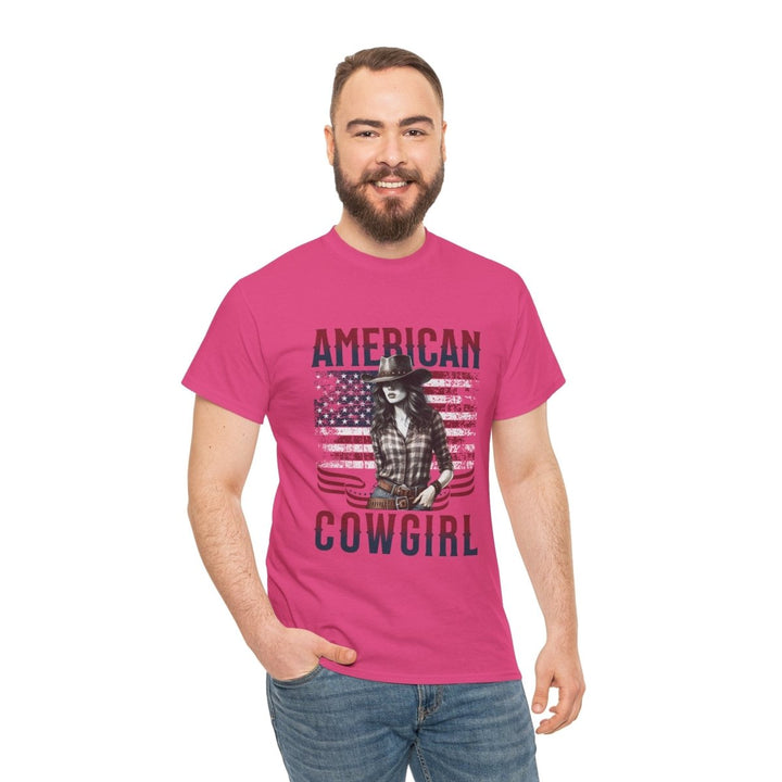 American Cowgirl Unisex Heavy Cotton Tee - Vintage Style USA Flag Graphic Shirt - Heliconia - S - American Cowgirl Unisex Heavy Cotton Tee - Vintage Style USA Flag Graphic Shirt - Tatoo Tee