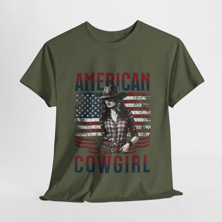 American Cowgirl Unisex Heavy Cotton Tee - Vintage Style USA Flag Graphic Shirt - Heliconia - S - American Cowgirl Unisex Heavy Cotton Tee - Vintage Style USA Flag Graphic Shirt - Tatoo Tee