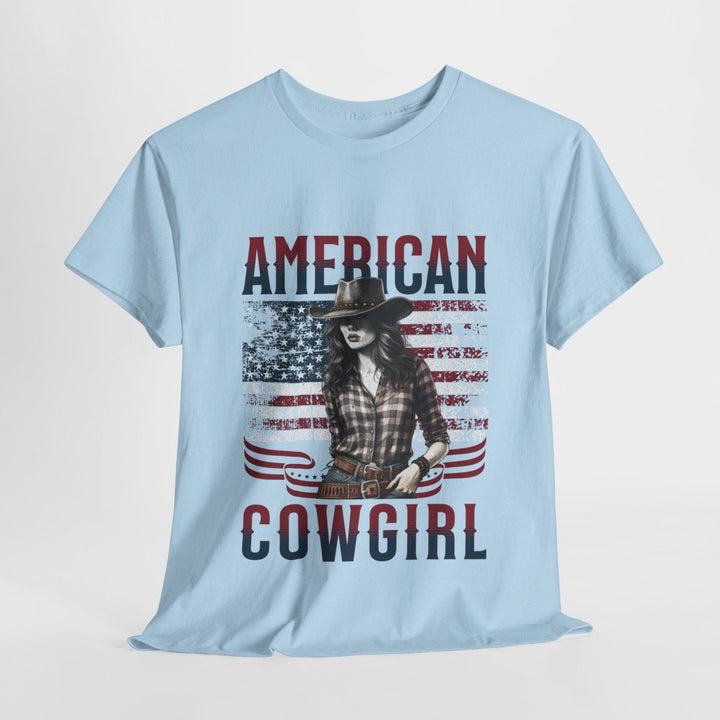 American Cowgirl Unisex Heavy Cotton Tee - Vintage Style USA Flag Graphic Shirt - Heliconia - S - American Cowgirl Unisex Heavy Cotton Tee - Vintage Style USA Flag Graphic Shirt - Tatoo Tee