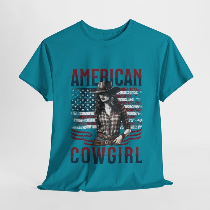 American Cowgirl Unisex Heavy Cotton Tee - Vintage Style USA Flag Graphic Shirt - Heliconia - S - American Cowgirl Unisex Heavy Cotton Tee - Vintage Style USA Flag Graphic Shirt - Tatoo Tee