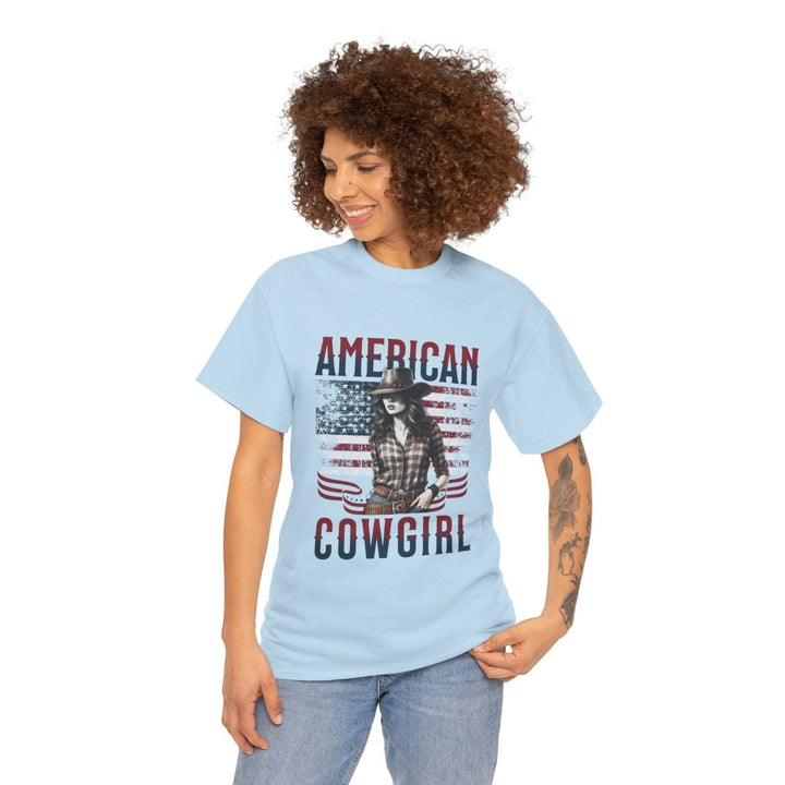 American Cowgirl Unisex Heavy Cotton Tee - Vintage Style USA Flag Graphic Shirt - Light Blue - S - American Cowgirl Unisex Heavy Cotton Tee - Vintage Style USA Flag Graphic Shirt - Tatoo Tee