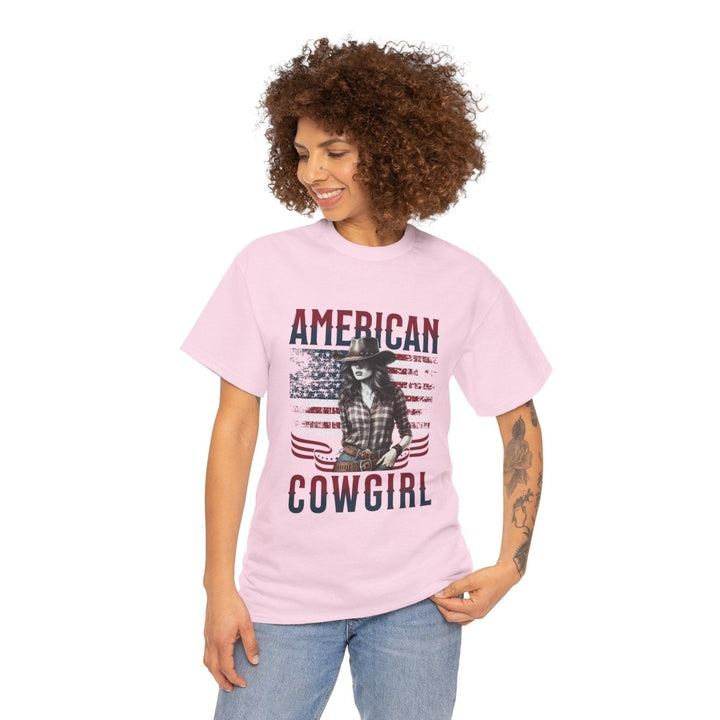 American Cowgirl Unisex Heavy Cotton Tee - Vintage Style USA Flag Graphic Shirt - Light Pink - S - American Cowgirl Unisex Heavy Cotton Tee - Vintage Style USA Flag Graphic Shirt - Tatoo Tee
