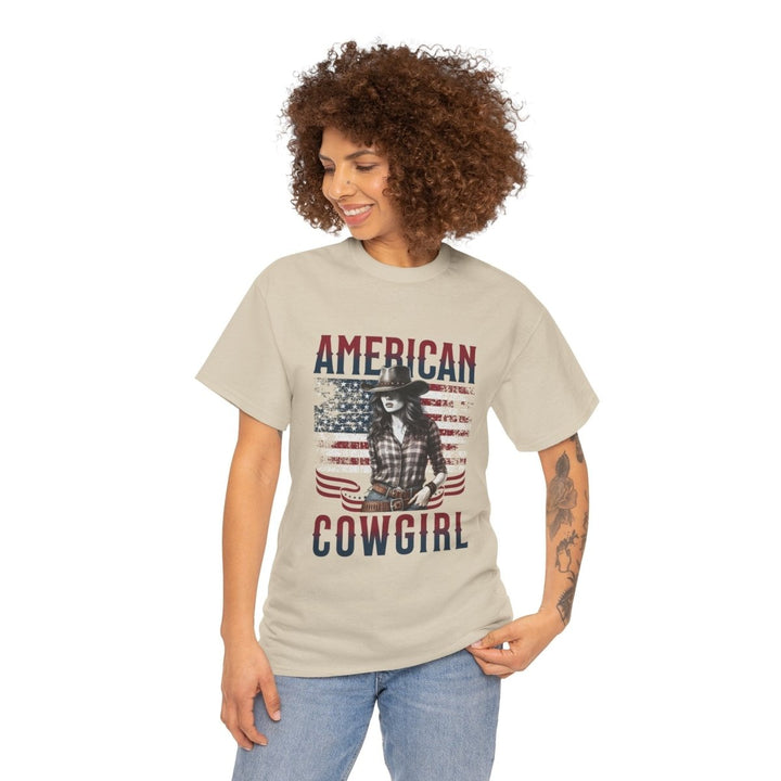 American Cowgirl Unisex Heavy Cotton Tee - Vintage Style USA Flag Graphic Shirt - Sand - S - American Cowgirl Unisex Heavy Cotton Tee - Vintage Style USA Flag Graphic Shirt - Tatoo Tee