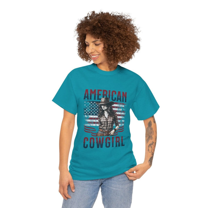 American Cowgirl Unisex Heavy Cotton Tee - Vintage Style USA Flag Graphic Shirt - Tropical Blue - S - American Cowgirl Unisex Heavy Cotton Tee - Vintage Style USA Flag Graphic Shirt - Tatoo Tee