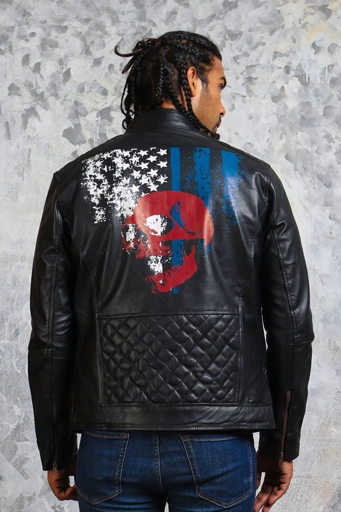 American Flag Skull Leather Jacket for Men - X - Small - Black - American Flag Skull Leather Jacket for Men - Tatoo Tee