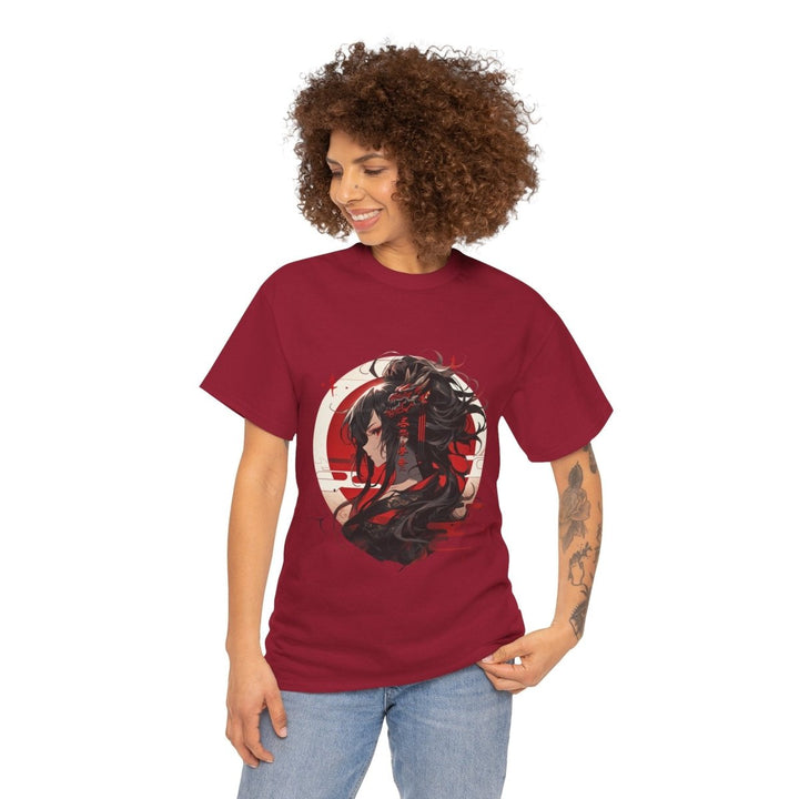 Anime Dragon Girl Unisex Heavy Cotton Tee - Cardinal Red - S - Anime Dragon Girl Unisex Heavy Cotton Tee - Tatoo Tee
