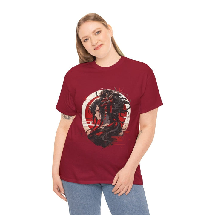 Anime Dragon Girl Unisex Heavy Cotton Tee - Cardinal Red - S - Anime Dragon Girl Unisex Heavy Cotton Tee - Tatoo Tee