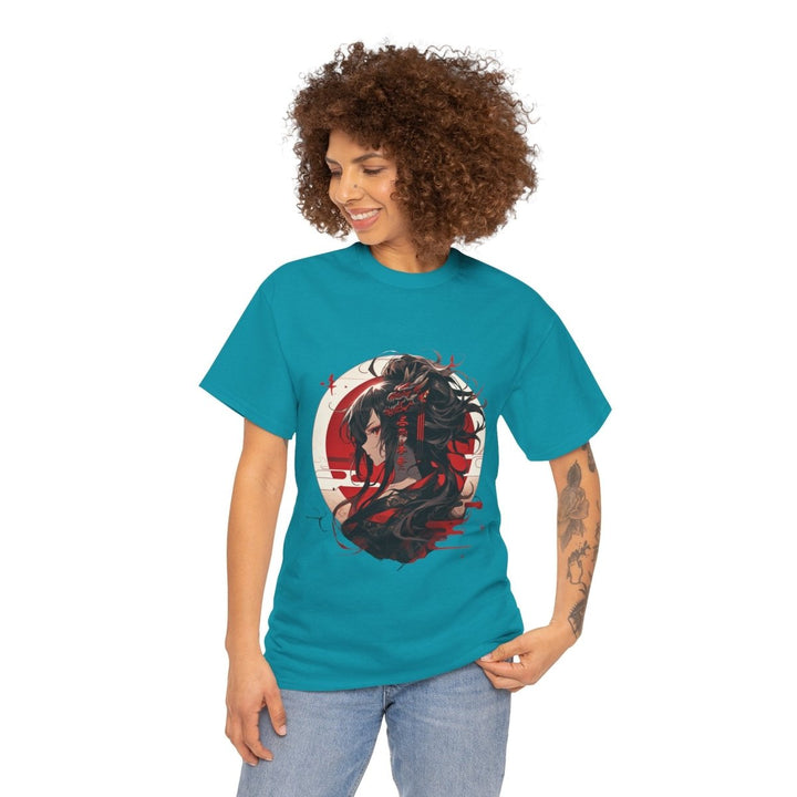 Anime Dragon Girl Unisex Heavy Cotton Tee - Tropical Blue - S - Anime Dragon Girl Unisex Heavy Cotton Tee - Tatoo Tee