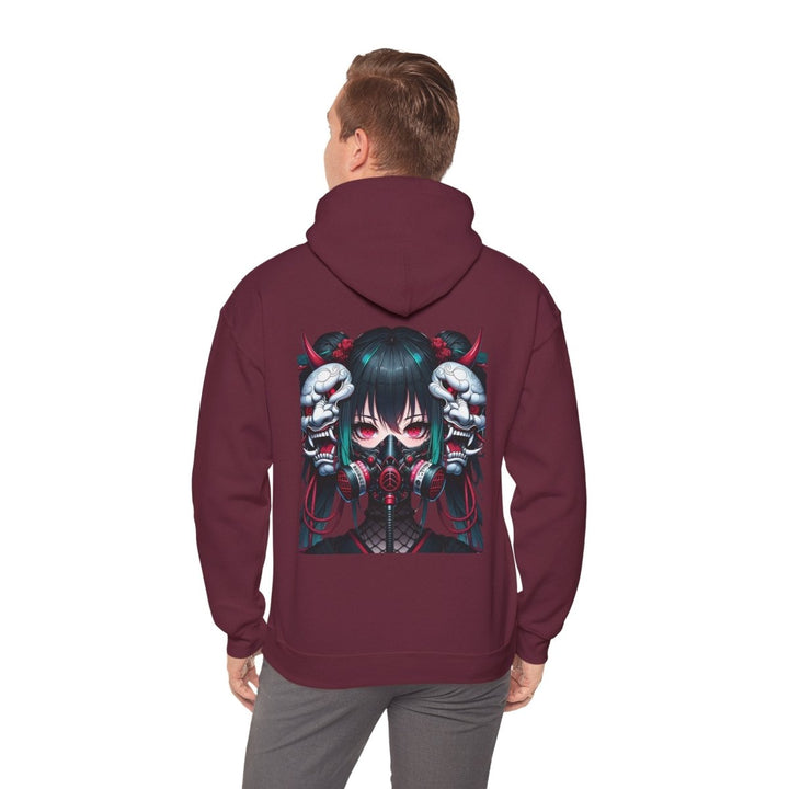 Anime Girl With Oni Mask Unisex Hoodie - Maroon - S - Anime Girl With Oni Mask Unisex Hoodie - Tatoo Tee