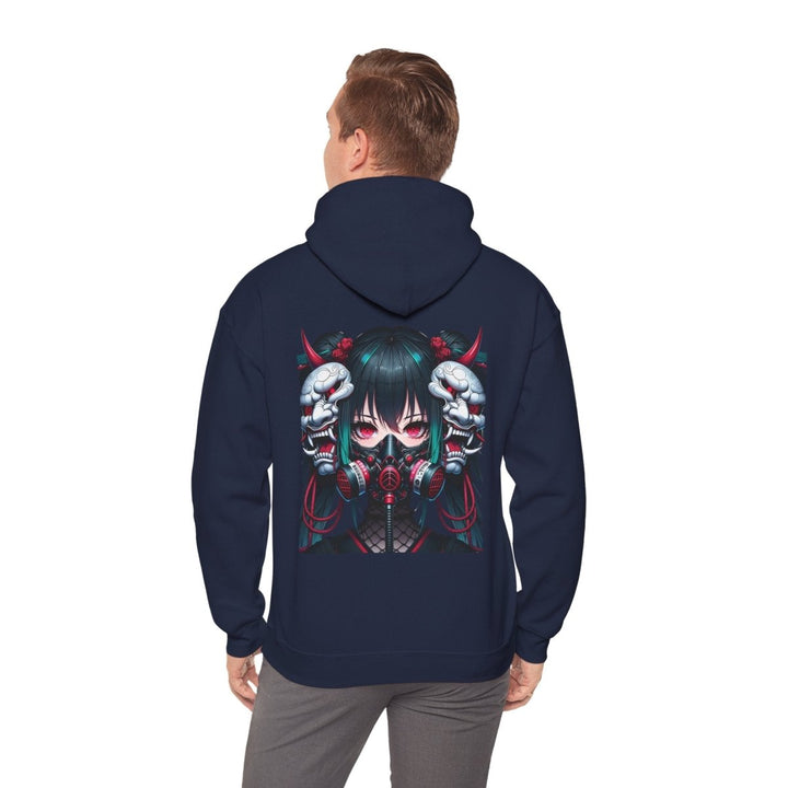 Anime Girl With Oni Mask Unisex Hoodie - Navy - S - Anime Girl With Oni Mask Unisex Hoodie - Tatoo Tee