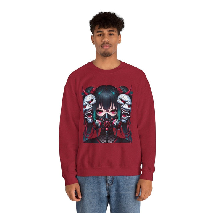 Anime Girl With Oni Mask Unisex Sweatshirt - S - Antique Cherry Red - Anime Girl With Oni Mask Unisex Sweatshirt - Tatoo Tee