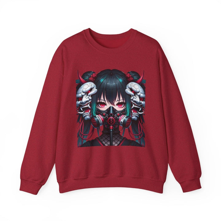 Anime Girl With Oni Mask Unisex Sweatshirt - S - Antique Cherry Red - Anime Girl With Oni Mask Unisex Sweatshirt - Tatoo Tee