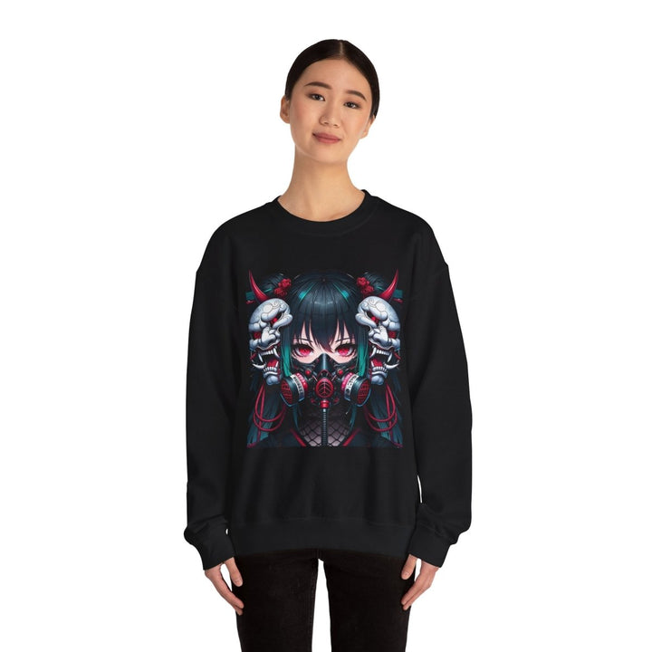 Anime Girl With Oni Mask Unisex Sweatshirt - S - Black - Anime Girl With Oni Mask Unisex Sweatshirt - Tatoo Tee