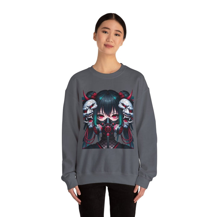 Anime Girl With Oni Mask Unisex Sweatshirt - S - Charcoal - Anime Girl With Oni Mask Unisex Sweatshirt - Tatoo Tee