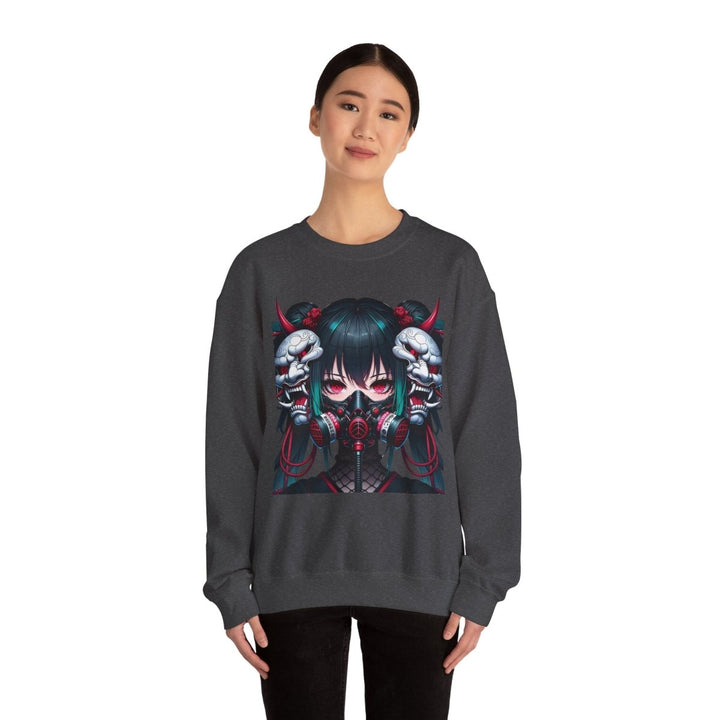 Anime Girl With Oni Mask Unisex Sweatshirt - S - Dark Heather - Anime Girl With Oni Mask Unisex Sweatshirt - Tatoo Tee