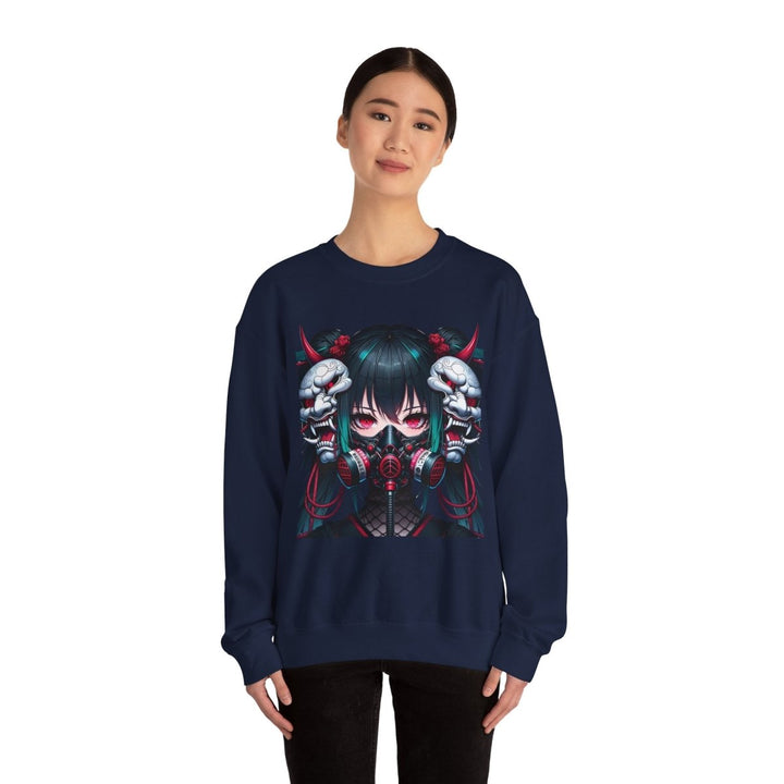 Anime Girl With Oni Mask Unisex Sweatshirt - S - Navy - Anime Girl With Oni Mask Unisex Sweatshirt - Tatoo Tee