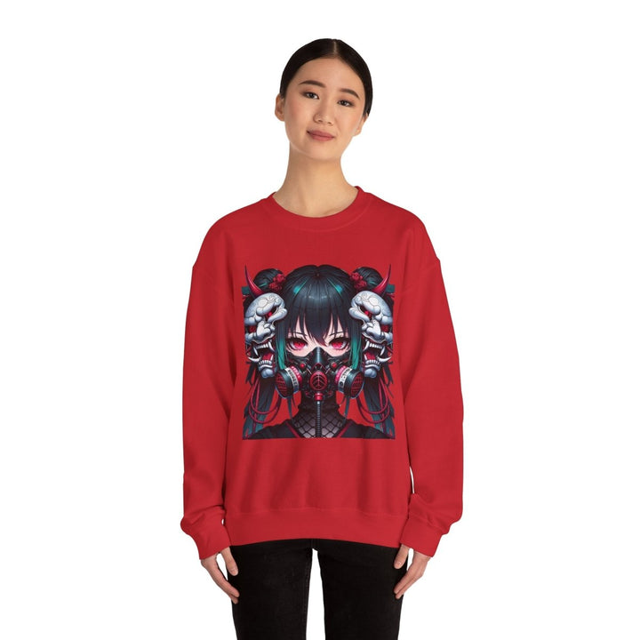 Anime Girl With Oni Mask Unisex Sweatshirt - S - Red - Anime Girl With Oni Mask Unisex Sweatshirt - Tatoo Tee