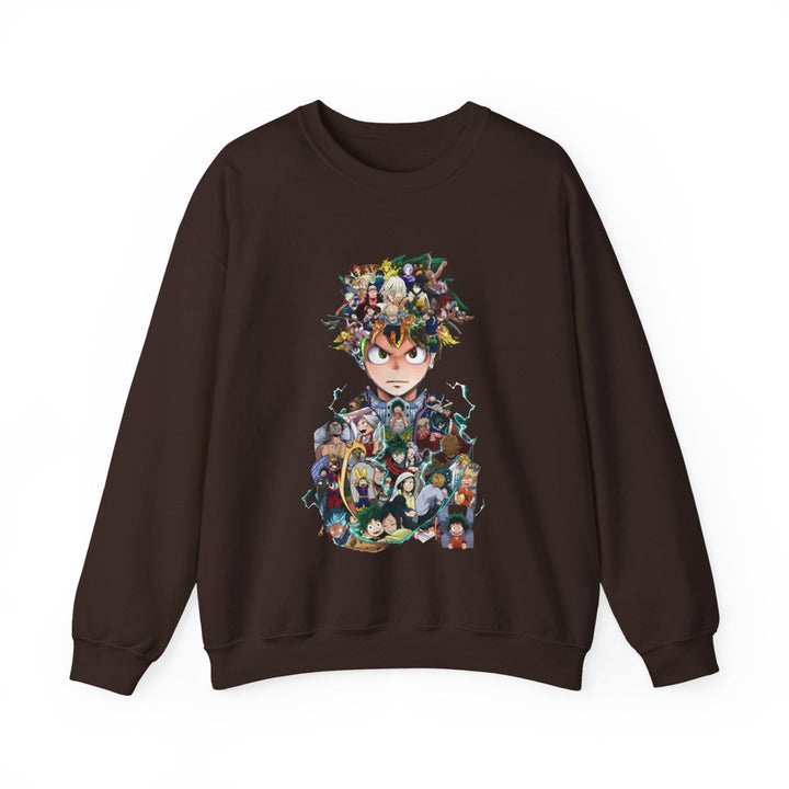 Anime - Inspired Unisex Crewneck Sweatshirt - Hero Collage Design - S - Dark Chocolate - Anime - Inspired Unisex Crewneck Sweatshirt - Hero Collage Design - Tatoo Tee