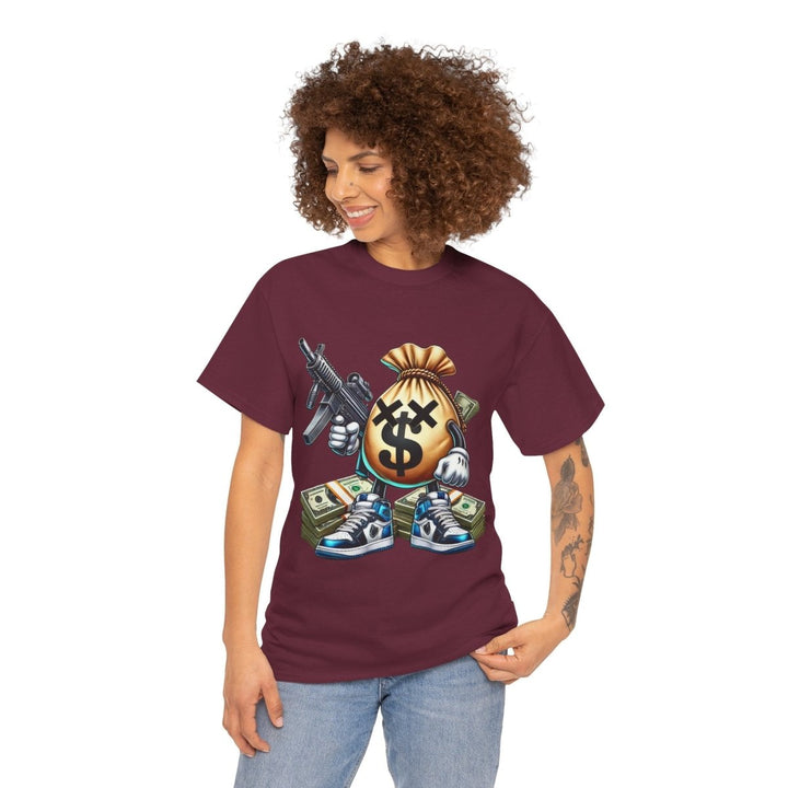 Armed Money Bag Unisex Heavy Cotton Tee - Maroon - S - Armed Money Bag Unisex Heavy Cotton Tee - Tatoo Tee