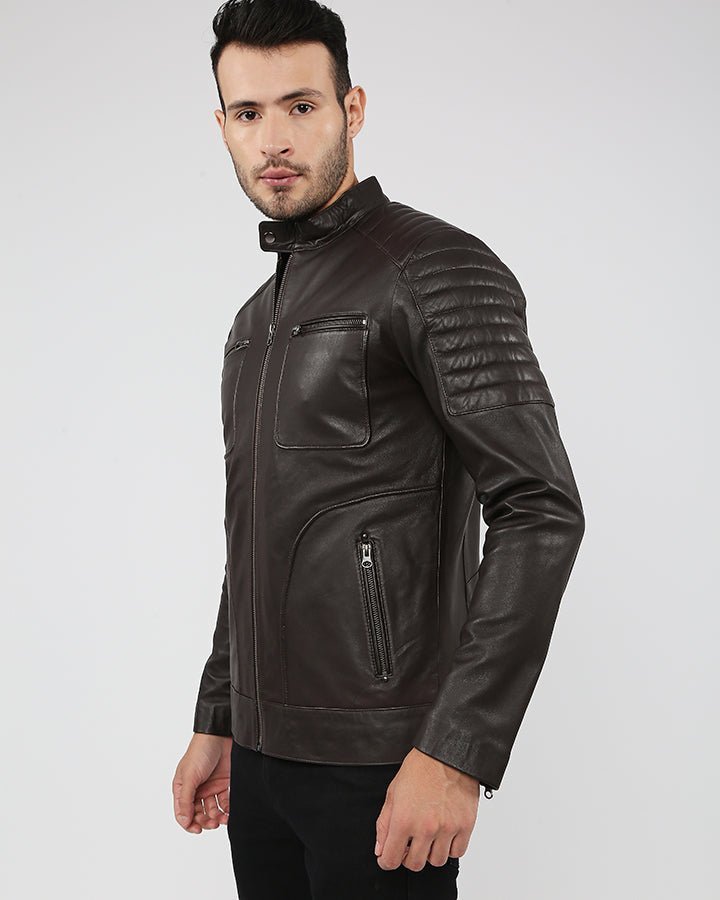 Astro Brown Racer Quilted Leather Jacket - XS - Astro Brown Racer Quilted Leather Jacket - Tatoo Tee