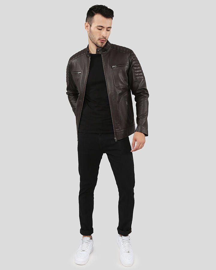 Astro Brown Racer Quilted Leather Jacket - XS - Astro Brown Racer Quilted Leather Jacket - Tatoo Tee