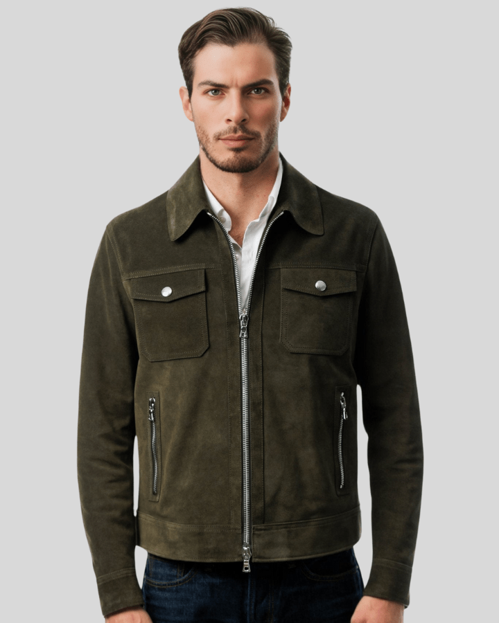 Atlas Olive Green Suede Leather Jacket - XS - Atlas Olive Green Suede Leather Jacket - Tatoo Tee