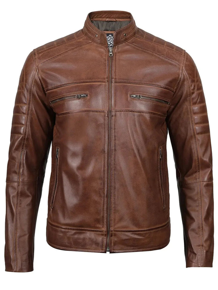 Austin Men Cognac Brown Cafe Racer Leather Jacket - XS - Austin Men Cognac Brown Cafe Racer Leather Jacket - Tatoo Tee