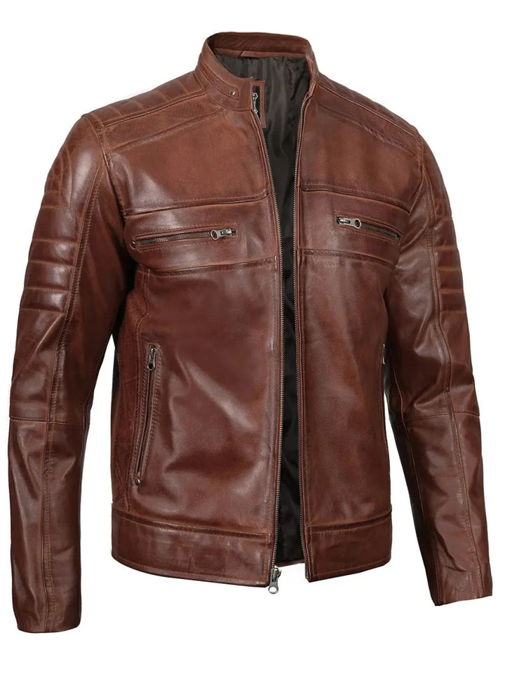 Austin Men Cognac Brown Cafe Racer Leather Jacket - XS - Austin Men Cognac Brown Cafe Racer Leather Jacket - Tatoo Tee