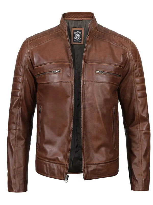 Austin Men Cognac Brown Cafe Racer Leather Jacket - XS - Austin Men Cognac Brown Cafe Racer Leather Jacket - Tatoo Tee