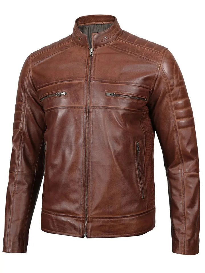 Austin Men Cognac Brown Cafe Racer Leather Jacket - XS - Austin Men Cognac Brown Cafe Racer Leather Jacket - Tatoo Tee