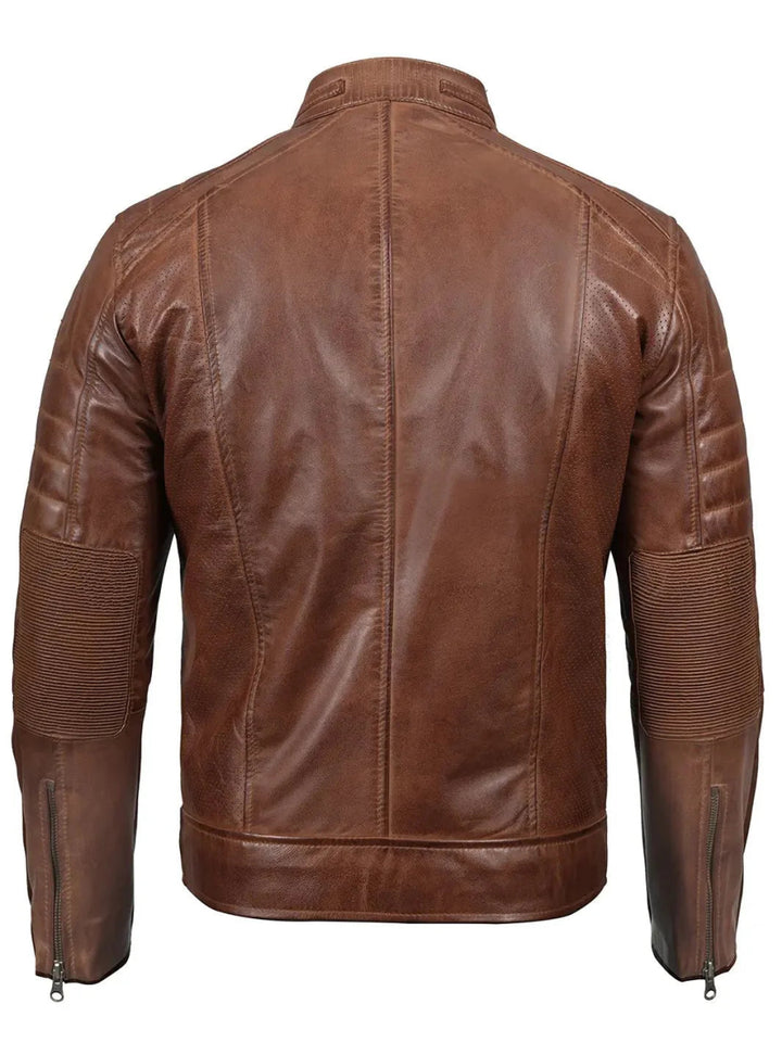 Austin Men Cognac Brown Cafe Racer Leather Jacket - XS - Austin Men Cognac Brown Cafe Racer Leather Jacket - Tatoo Tee