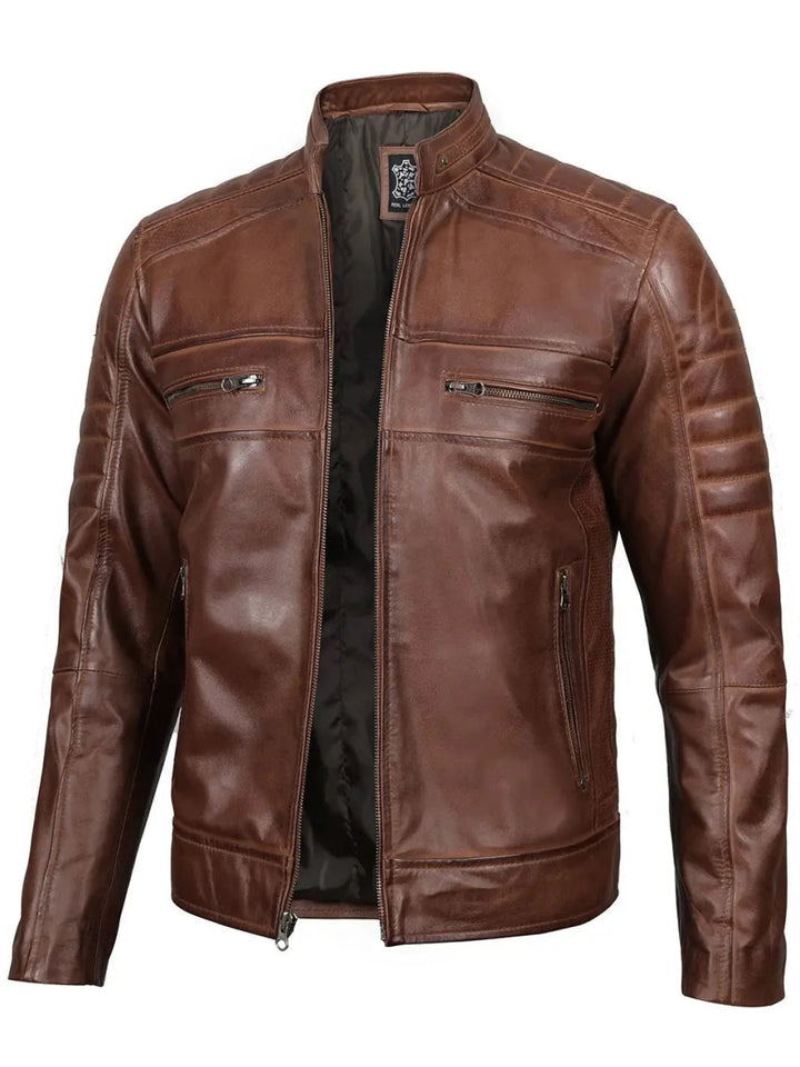 Austin Men Cognac Brown Cafe Racer Leather Jacket - XS - Austin Men Cognac Brown Cafe Racer Leather Jacket - Tatoo Tee