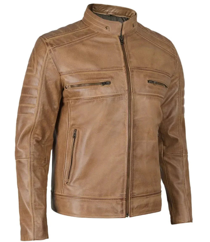 Austin Mens Distressed Tan Brown Cafe Racer Real Leather Jacket - XS - Austin Mens Distressed Tan Brown Cafe Racer Real Leather Jacket - Tatoo Tee