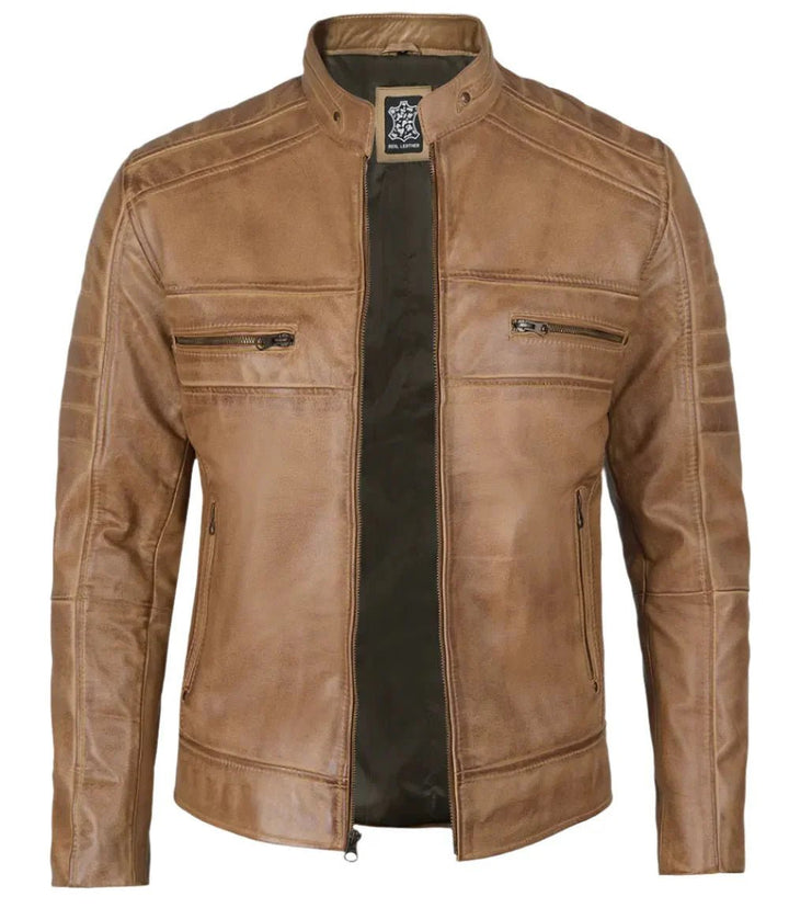 Austin Mens Distressed Tan Brown Cafe Racer Real Leather Jacket - XS - Austin Mens Distressed Tan Brown Cafe Racer Real Leather Jacket - Tatoo Tee