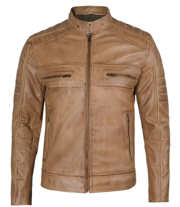 Austin Mens Distressed Tan Brown Cafe Racer Real Leather Jacket - XS - Austin Mens Distressed Tan Brown Cafe Racer Real Leather Jacket - Tatoo Tee