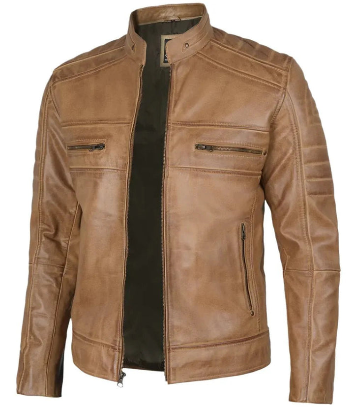 Austin Mens Distressed Tan Brown Cafe Racer Real Leather Jacket - XS - Austin Mens Distressed Tan Brown Cafe Racer Real Leather Jacket - Tatoo Tee