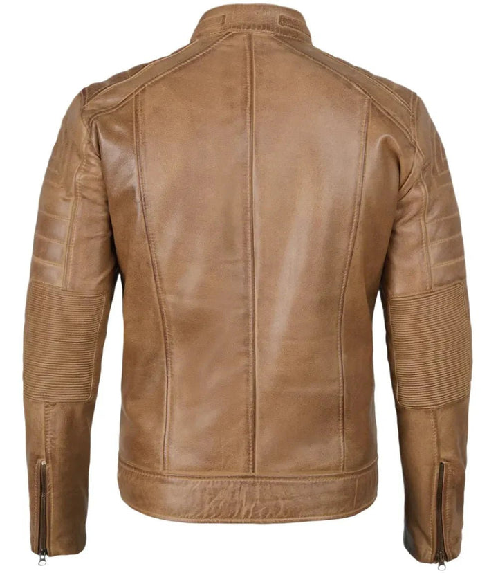 Austin Mens Distressed Tan Brown Cafe Racer Real Leather Jacket - XS - Austin Mens Distressed Tan Brown Cafe Racer Real Leather Jacket - Tatoo Tee