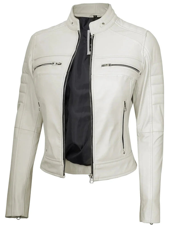 Austin Women Off White Biker Leather Jacket