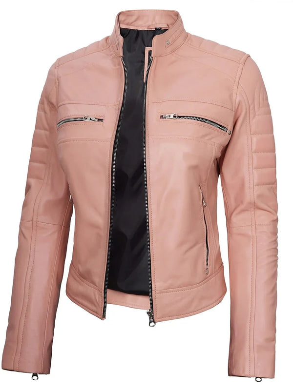 Austin Womens Pink Cafe Racer Leather Jacket