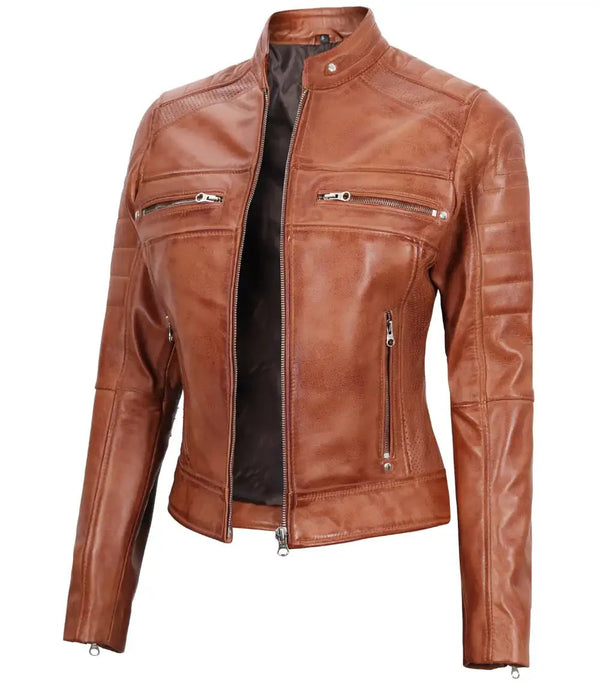 Austin Womens Tan Brown Biker Leather Jacket